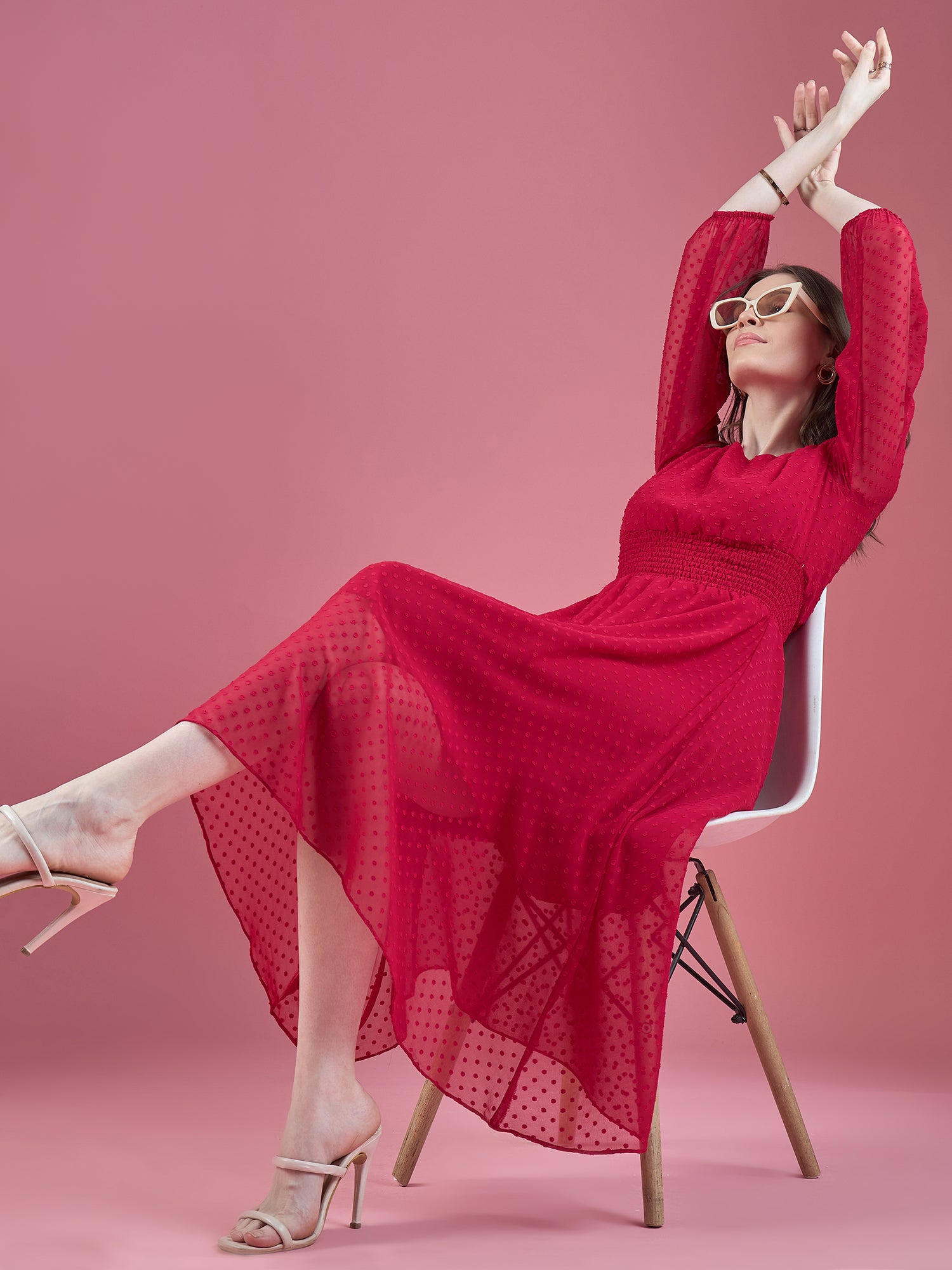 Magenta Georgette Embroidered Puff Sleeves Self Design Dress