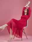 Magenta Georgette Embroidered Puff Sleeves Self Design Dress