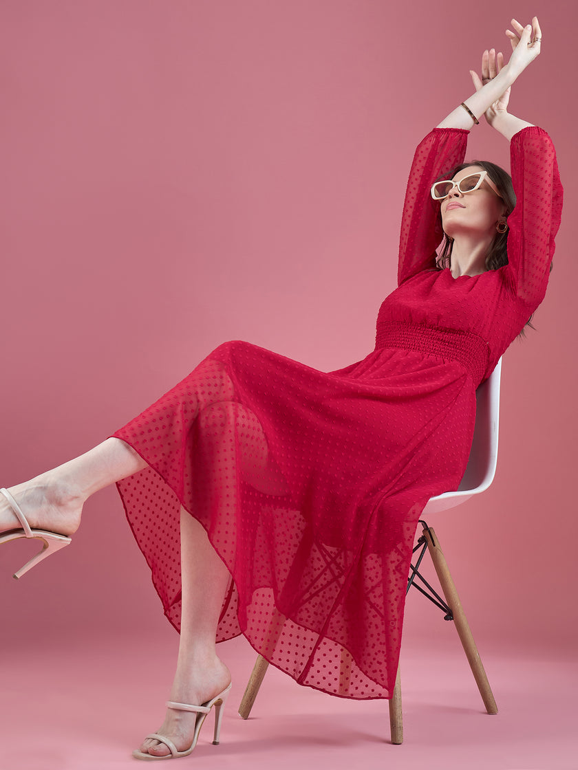 Magenta Georgette Embroidered Puff Sleeves Self Design Dress