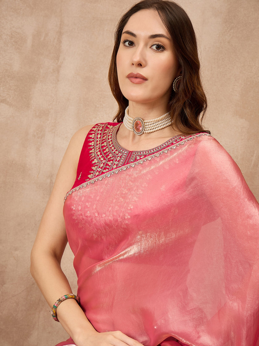 Peach Satin Solid With Embroidered Border Saree with Unstitched Blouse
