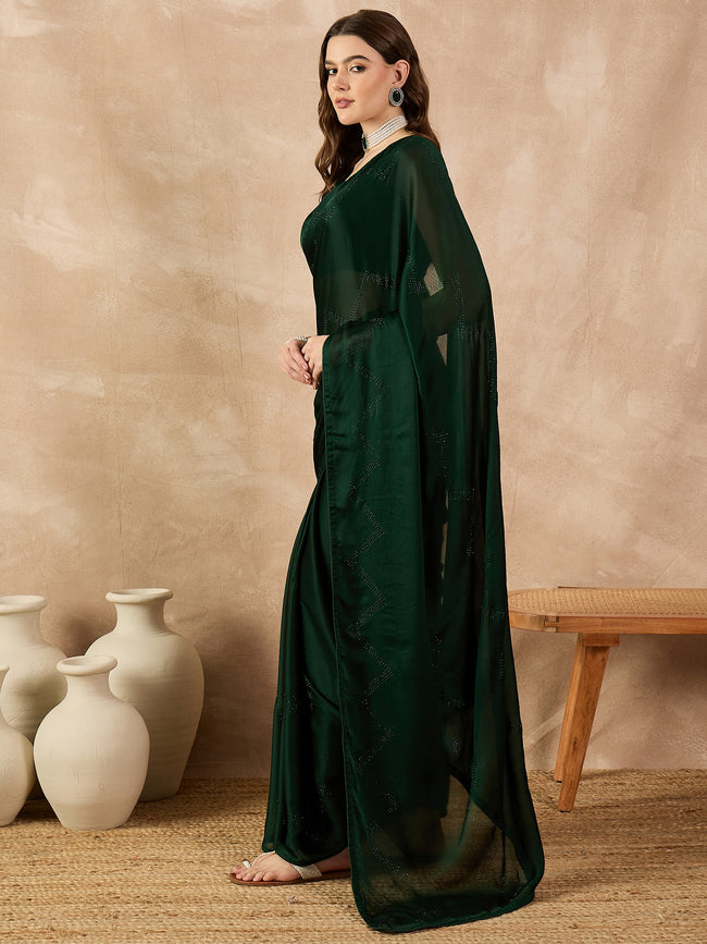Dark Green Satin Solid With Stone Work Border Saree with Unstitched Fancy Blouse