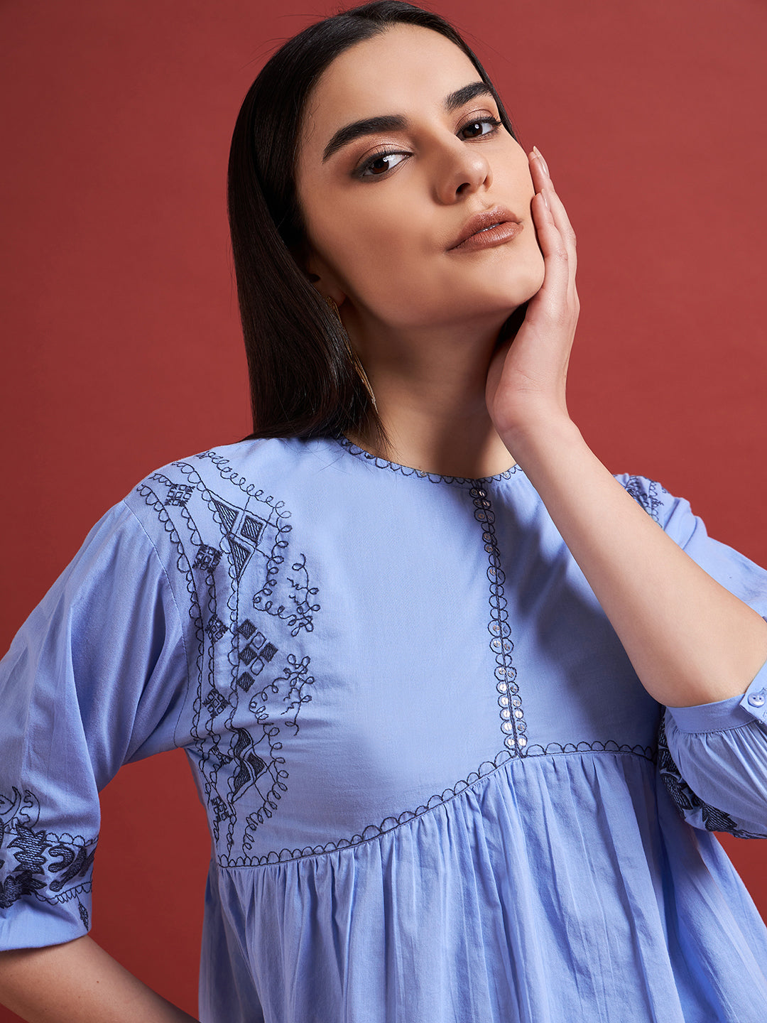 Blue Pure Cotton Embroidered Gathered or Pleated Puff Sleeves Floral Print Tops
