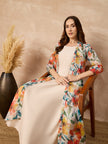 Off-White Silk Blend Solid A-Line Kurta Trouser With Floral Print Shrug