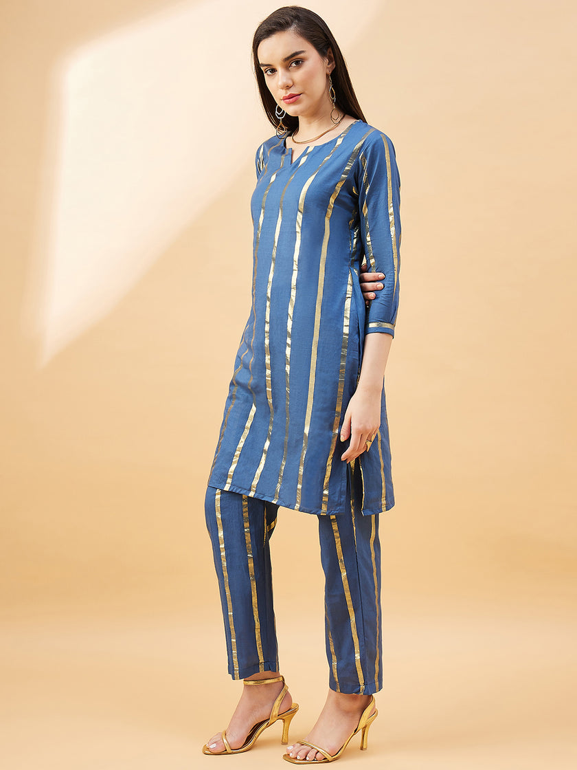 Blue  Cotton Blend Solid A-Line Kurta  Trouser