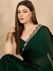Green Satin Solid With Embellished Lace Saree with Unstitched Fancy Blouse