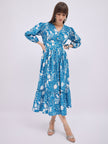 Turquoise Blue BLENDED Printed Ballon Sleeves Floral Dress