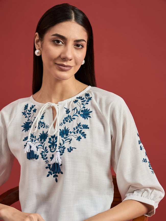 White Cotton Blend Embroidered Tie-Ups Regular Sleeves Ethnic Print Tops