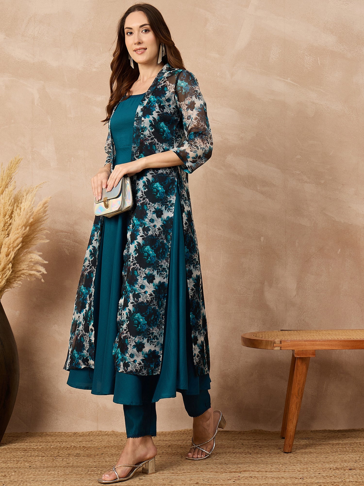 Teal Silk Blend Solid A-Line Kurta Trouser With Floral Print Shrug