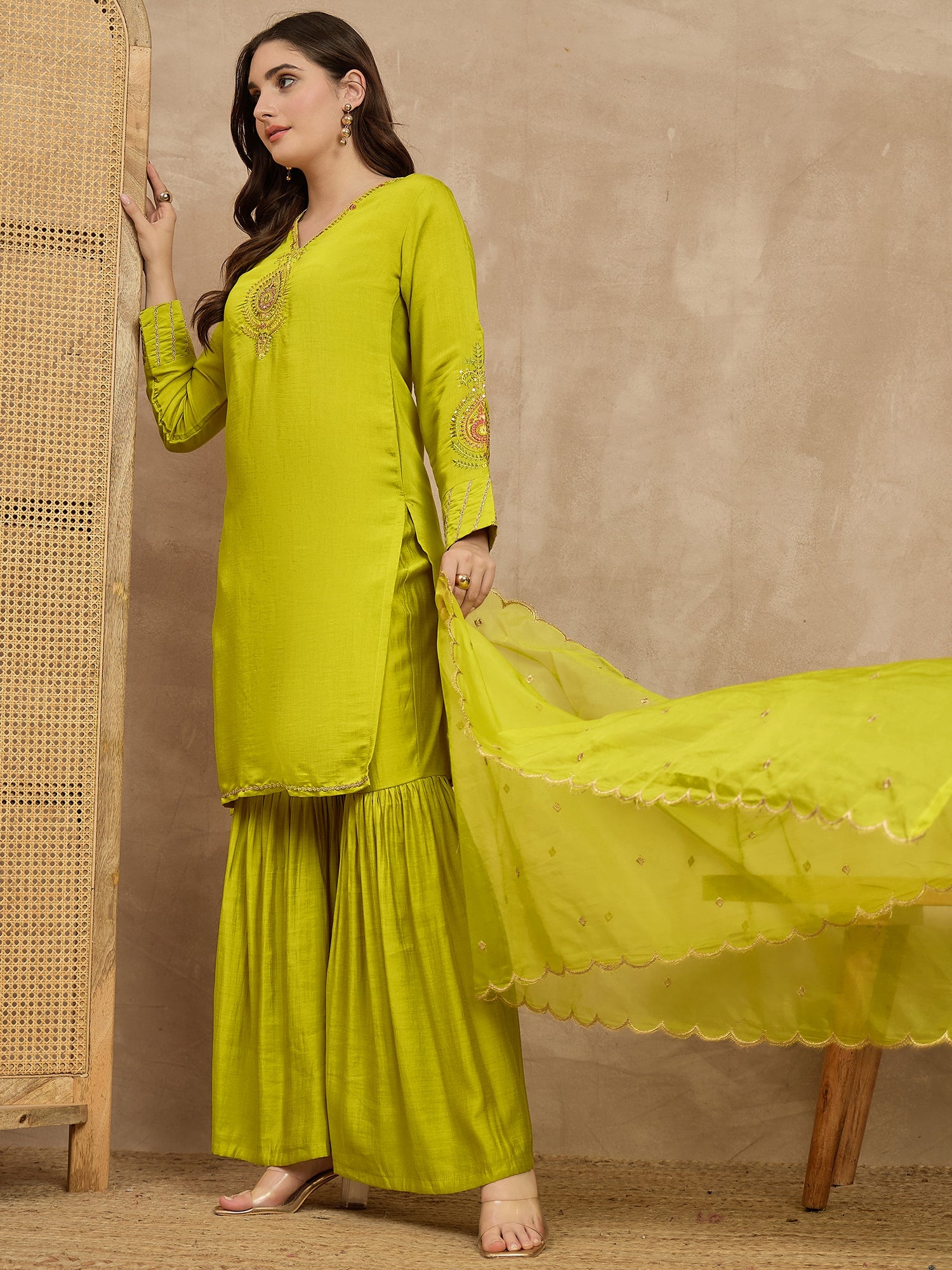 Yellow  Silk Blend Embroideried Straight Kurta Sharara
