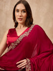 Red Satin Solid with Embroidered Cut Work Border Saree with Unstitched Blouse
