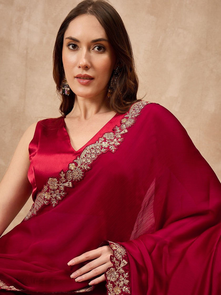 Red Satin Solid with Embroidered Cut Work Border Saree with Unstitched Blouse