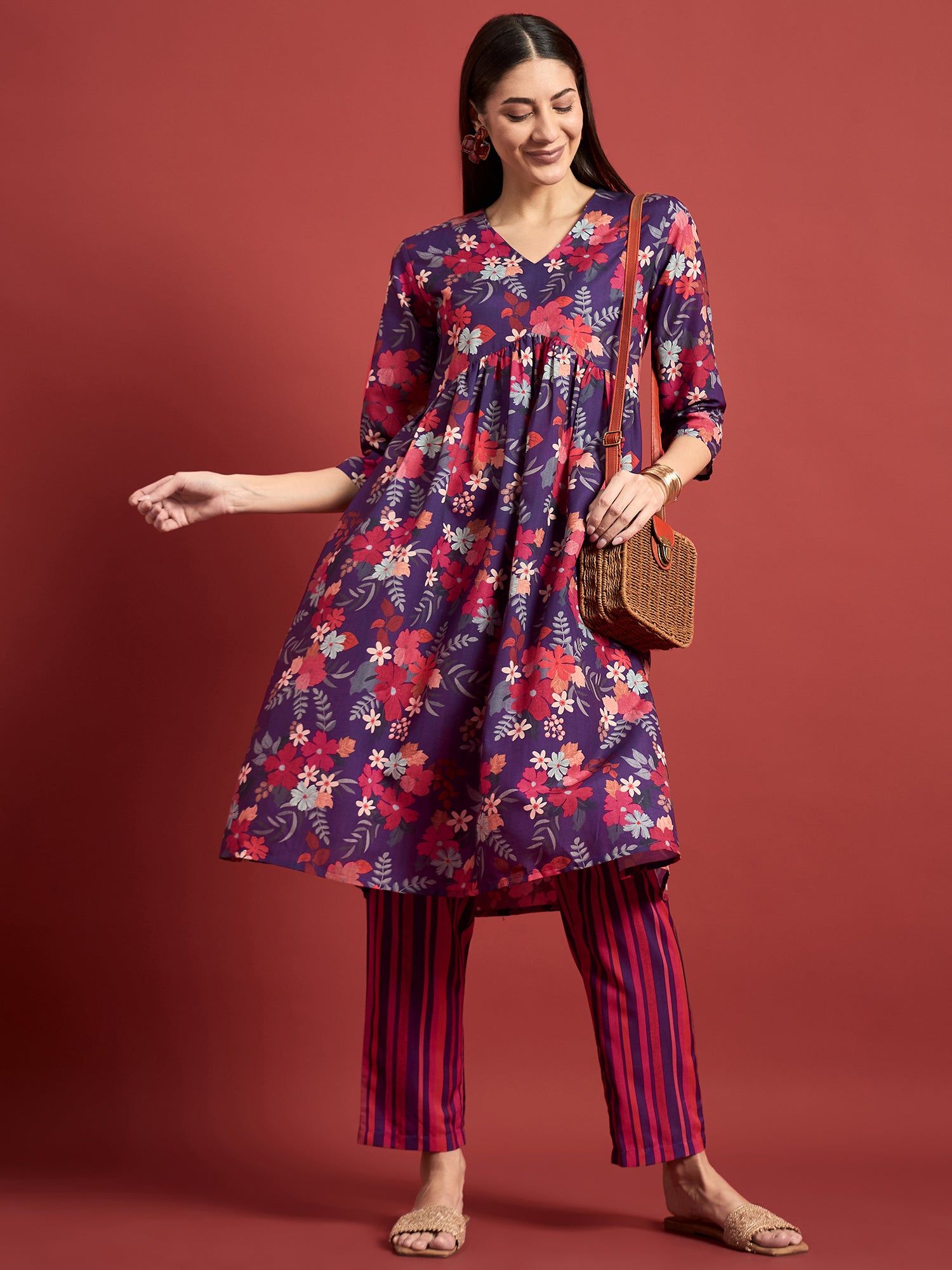 Multi  Poly Silk Printed A-Line Kurta  Trouser