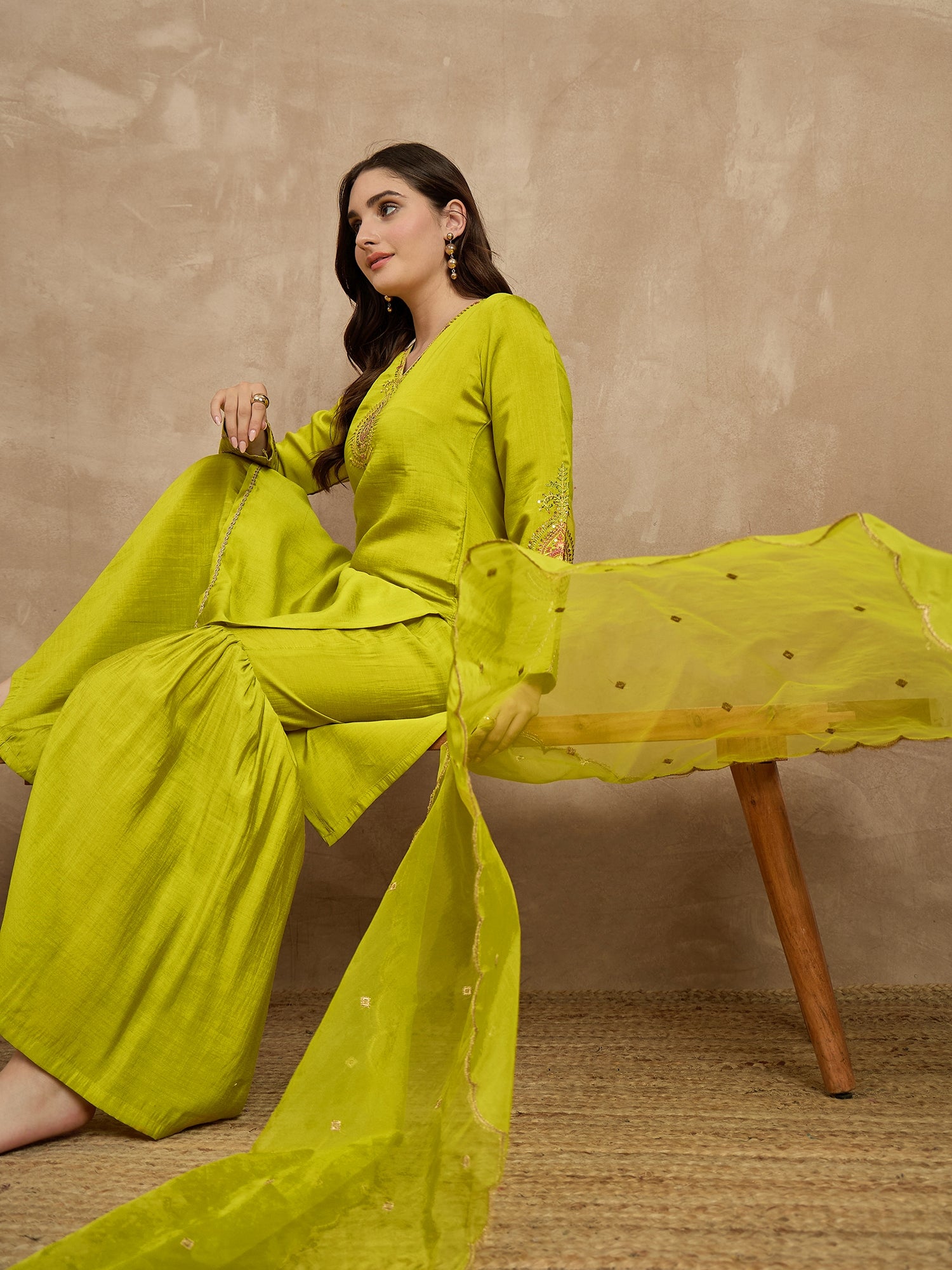 Yellow  Silk Blend Embroideried Straight Kurta Sharara