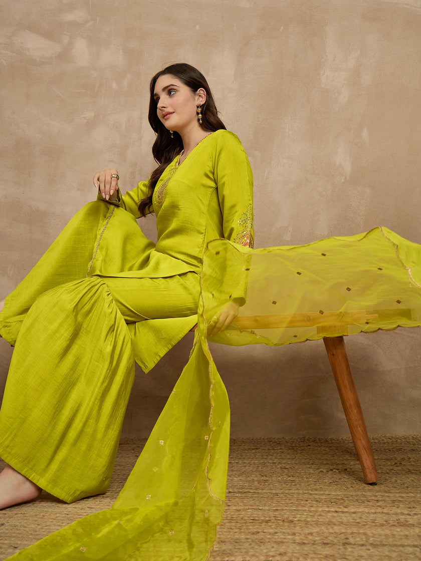 Yellow  Silk Blend Embroideried Straight Kurta Sharara