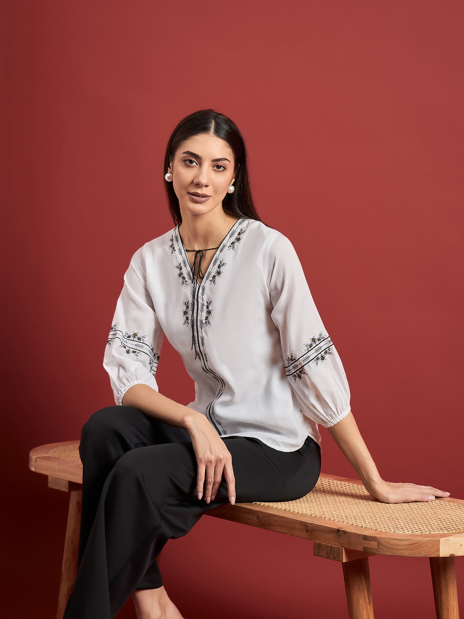 White Polycotton Embroidered Tie-Ups Puff Sleeves Floral Print Tops