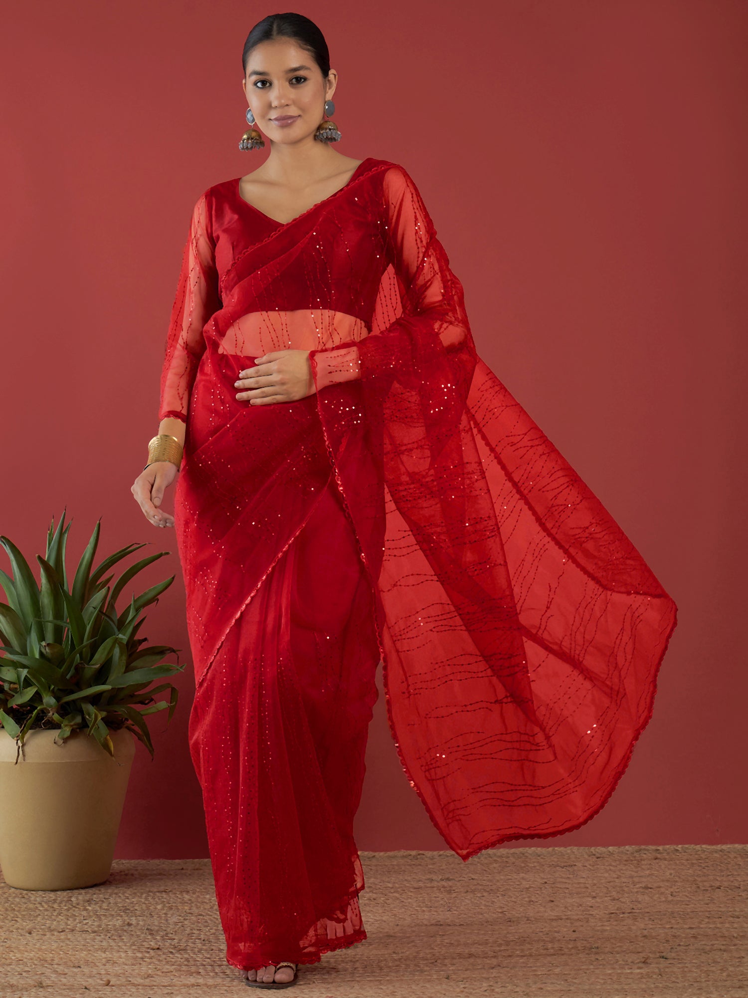 Red Net  Sequinned with Embllished Border Saree with Unstitched Fancy Blouse