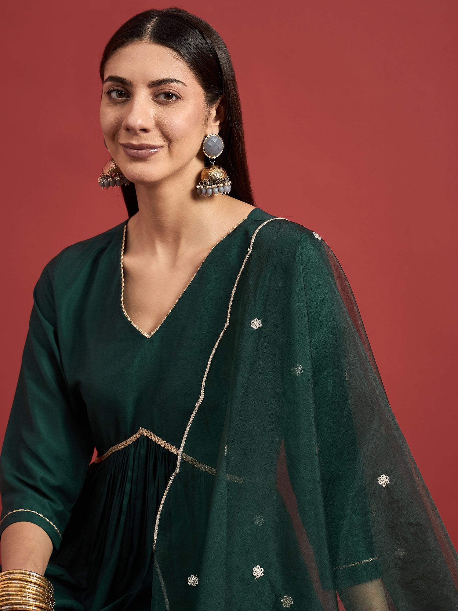 Green  Chinon Embroideried Anarkali Kurta  Trouser