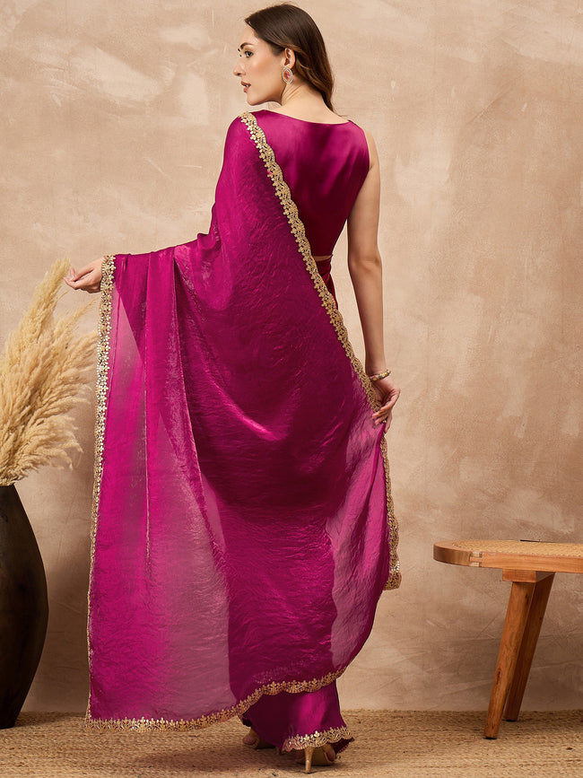 Magenta Organza Solid with Gota Lace Saree with Unstitched Blouse