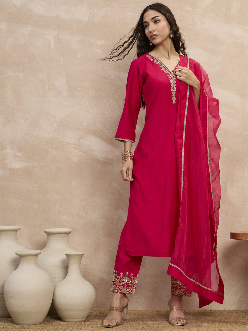 Magenta  Chinon Embroideried Straight Kurta Trouser