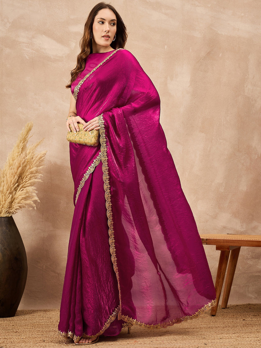 Magenta Organza Solid with Gota Lace Saree with Unstitched Blouse