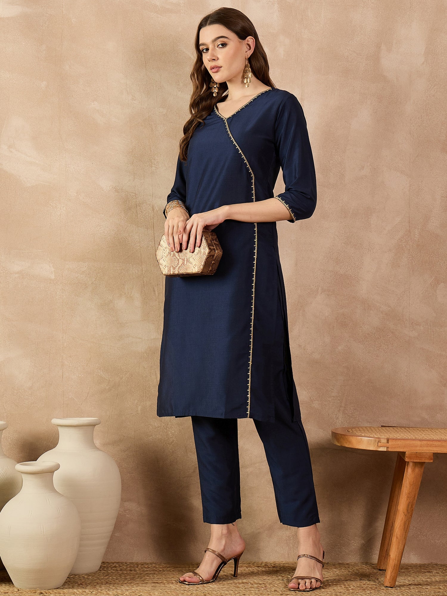 Navy Blue  Art Silk Solid A-Line Kurta Trouser