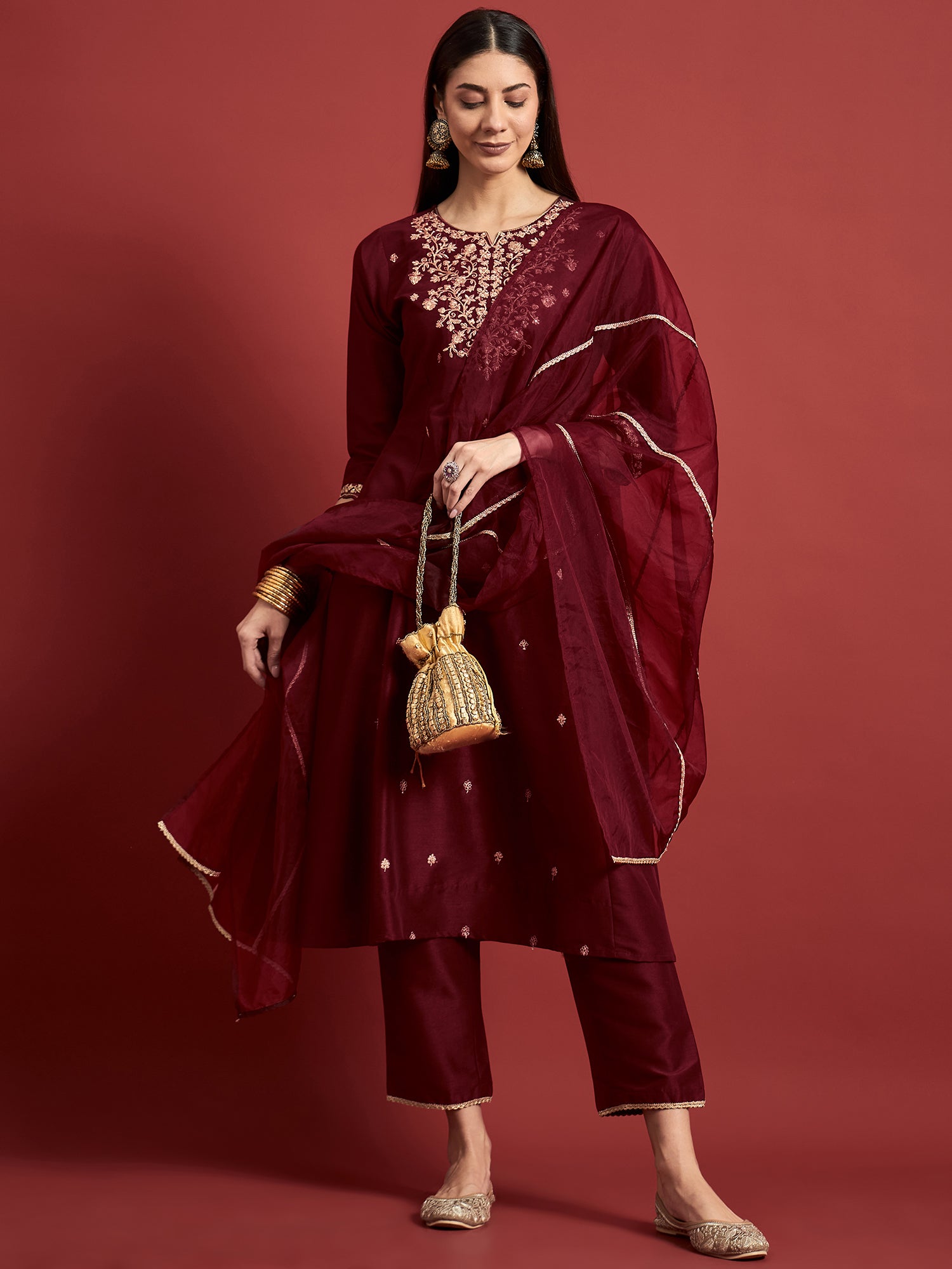 Maroon  Silk Blend Embroideried A-Line Kurta  Trouser