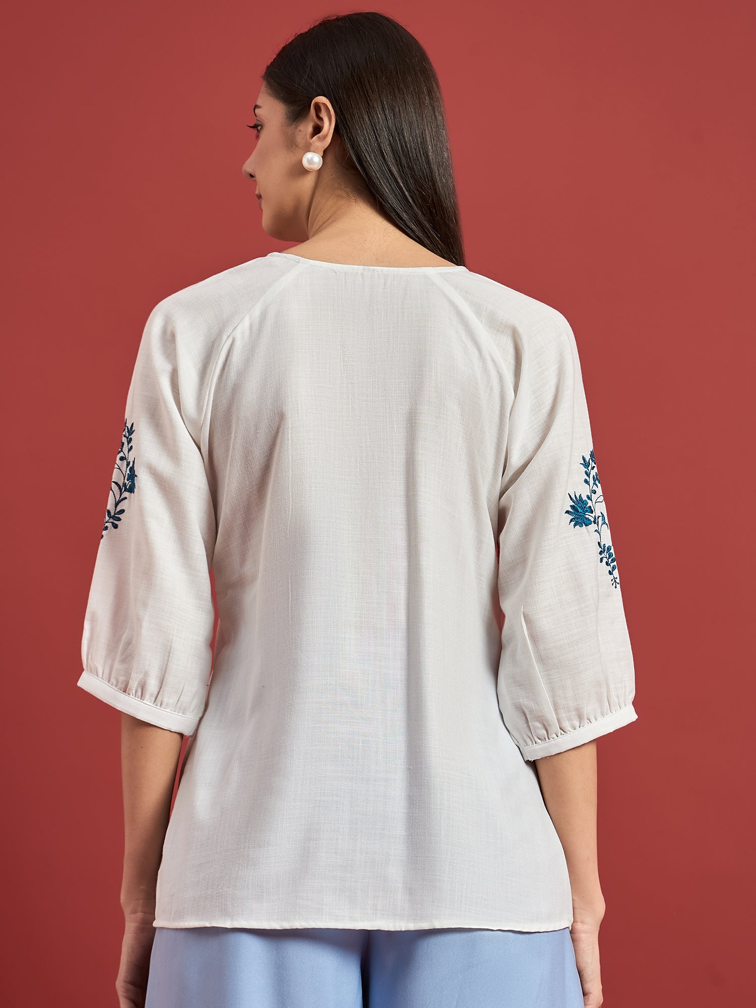 White Cotton Blend Embroidered Tie-Ups Regular Sleeves Ethnic Print Tops