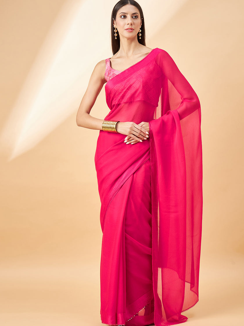 Red Pure Chiffon Solid  Saree with Unstitched Fancy Blouse