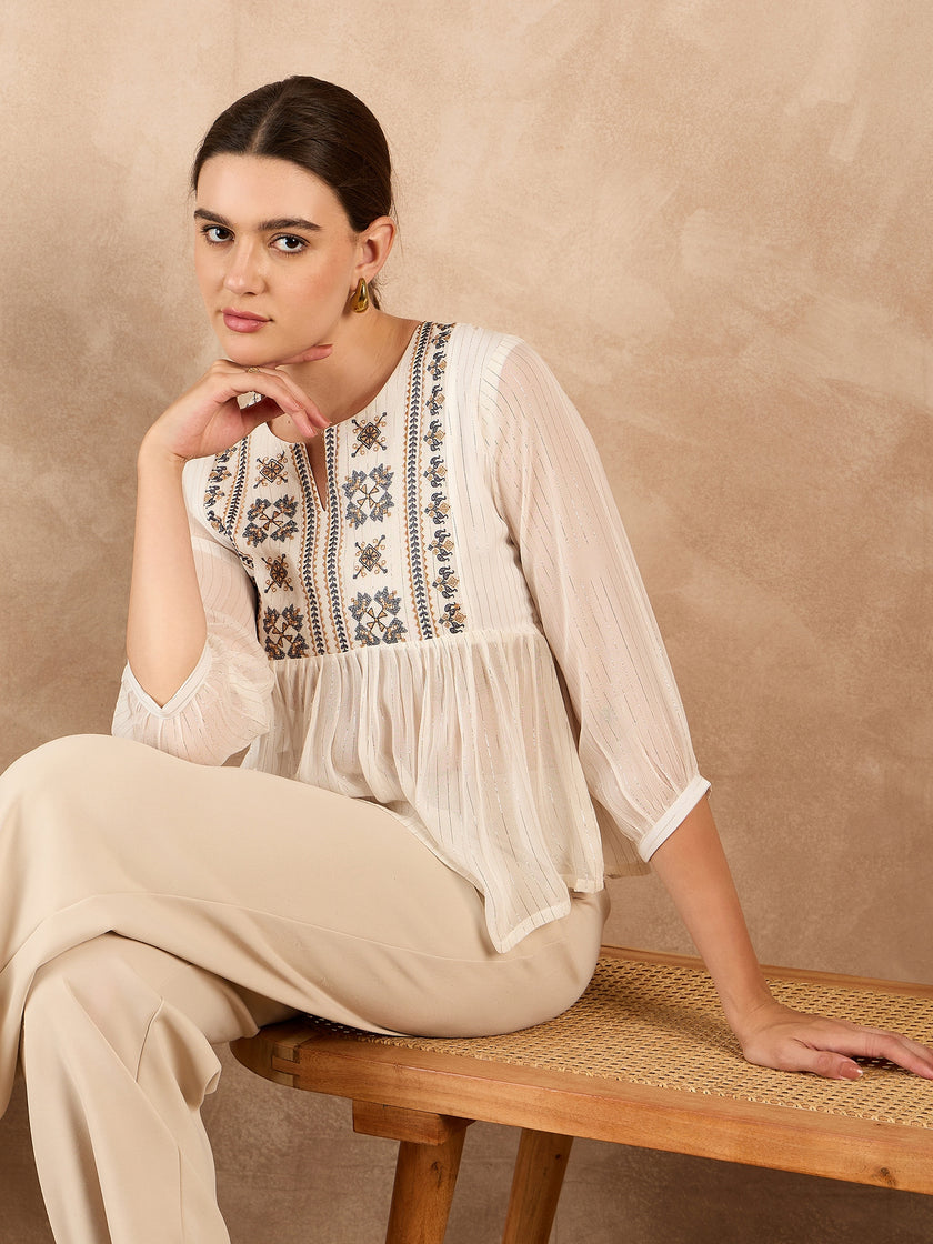 Off White Synthetic Georgette Embroidered Gathered or Pleated Regular Sleeves Ethnic Print Tops
