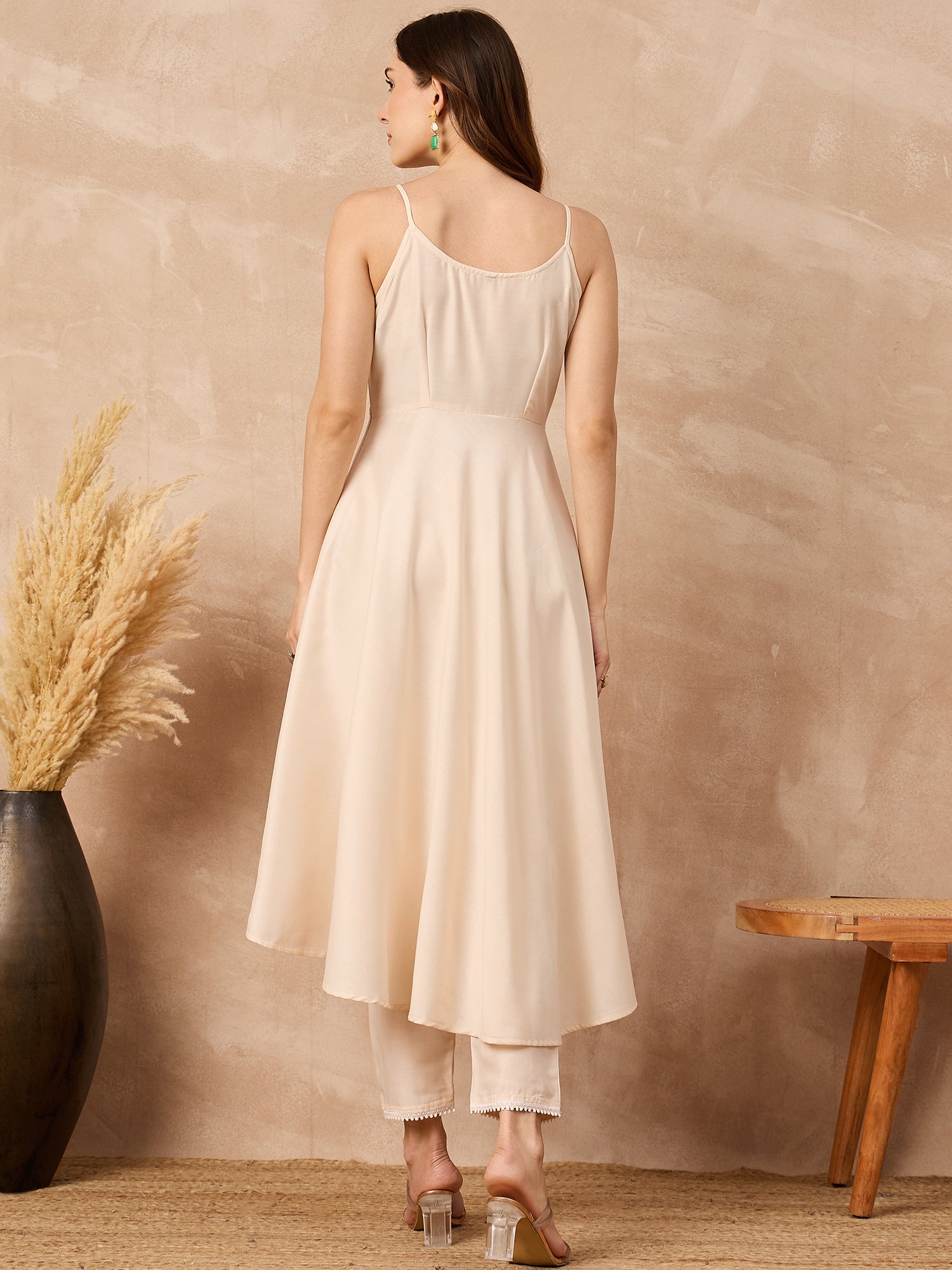 Off-White Silk Blend Solid A-Line Kurta Trouser With Floral Print Shrug