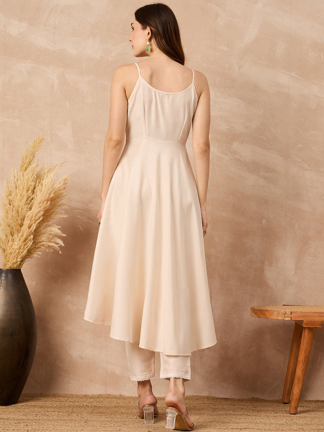 Off-White Silk Blend Solid A-Line Kurta Trouser With Floral Print Shrug