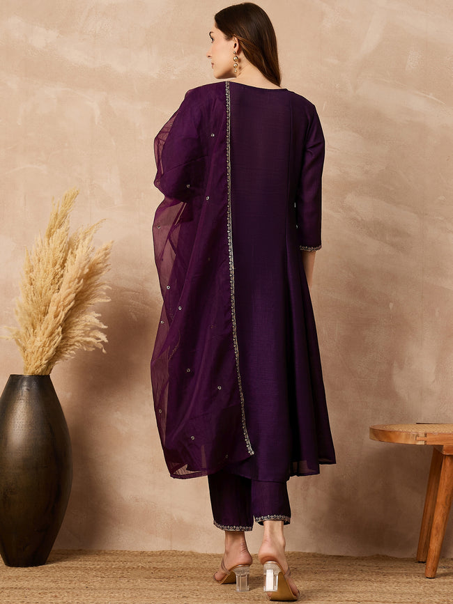 Purple  Silk Blend Embroideried A-Line Kurta Trouser