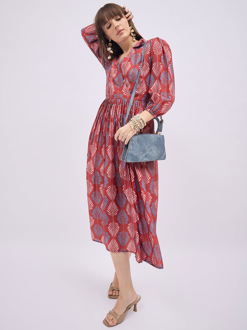 Multi Polyester Printed Puff Sleeves Floral Dress