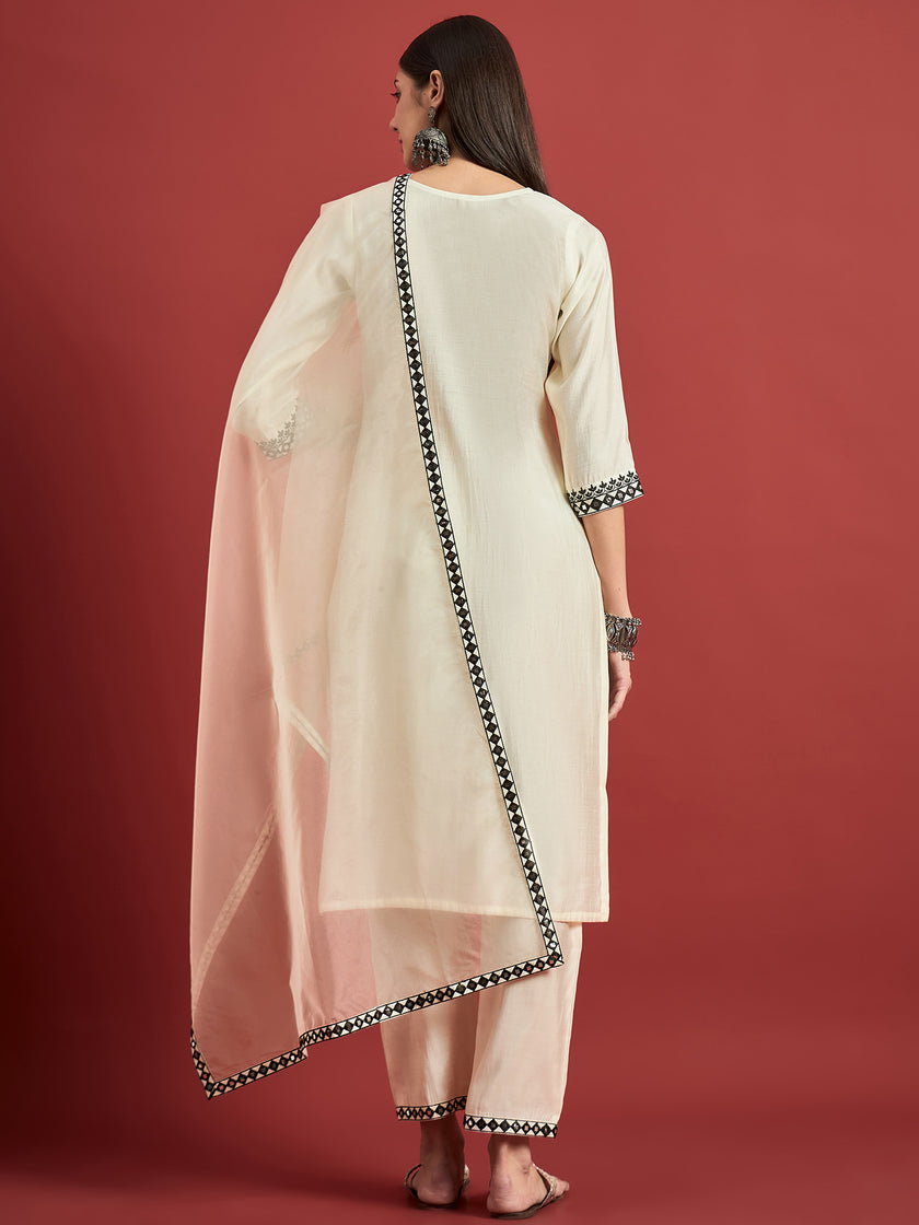 Off White  Art Silk Printed A-Line Kurta  Trouser