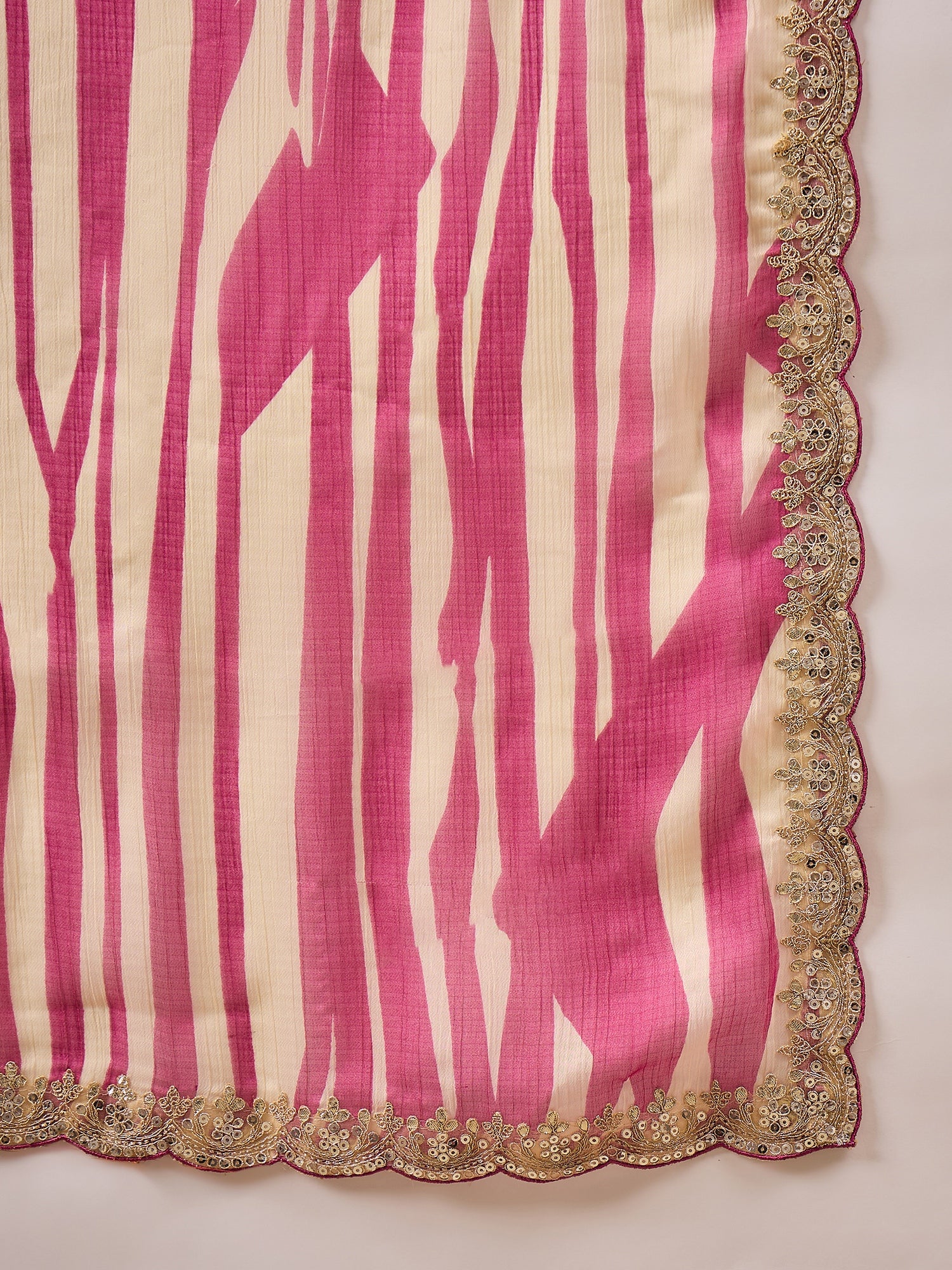 Multi Pure Chiffon Stripped with Gota Lace Saree with Unstitched Blouse