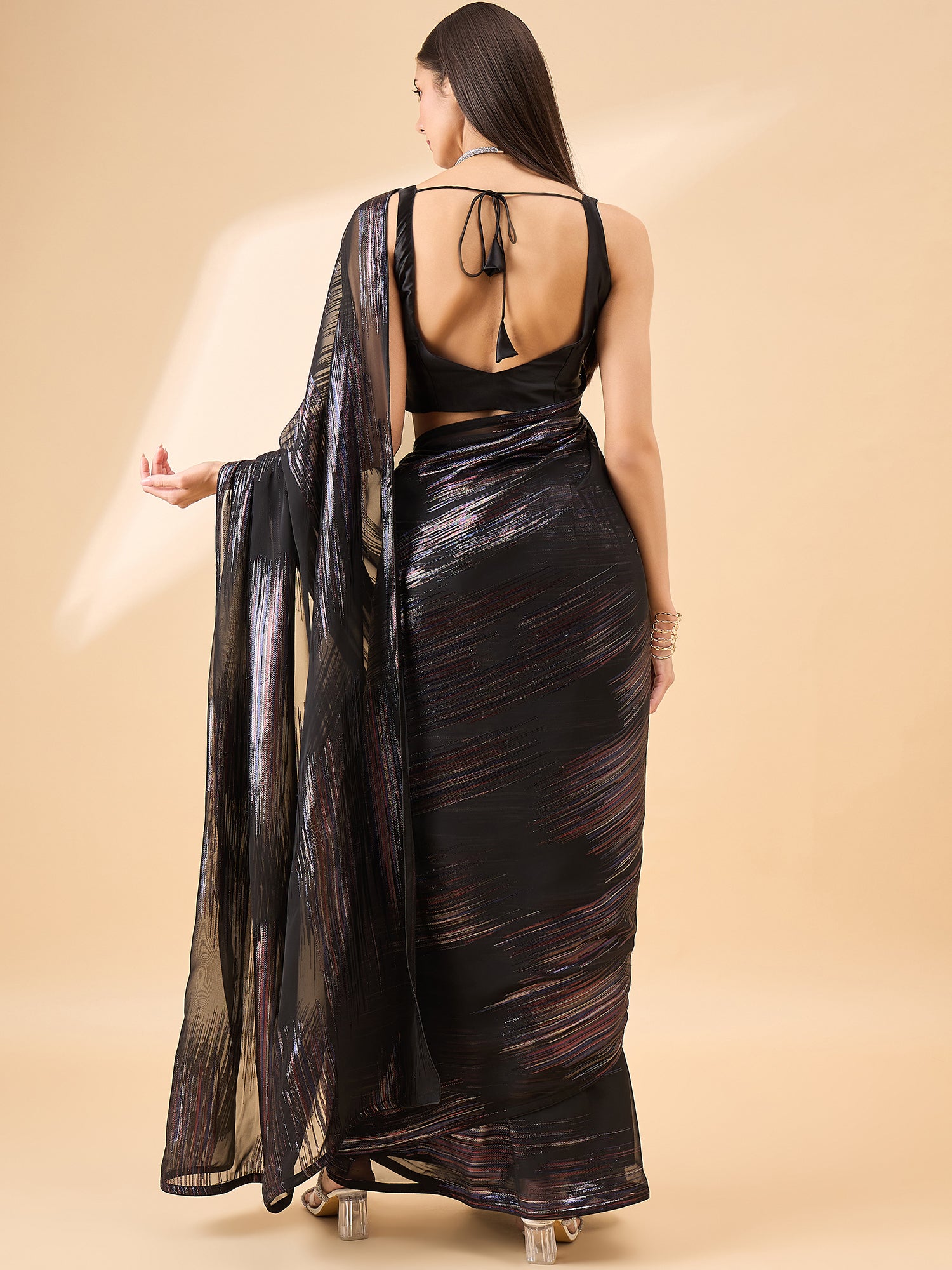 Black Pure Chiffon Jari Line Work Ready to Wear Saree with Unstitched Fancy Blouse