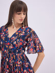 Blue Polyester Printed Flared Sleeves Floral Dress