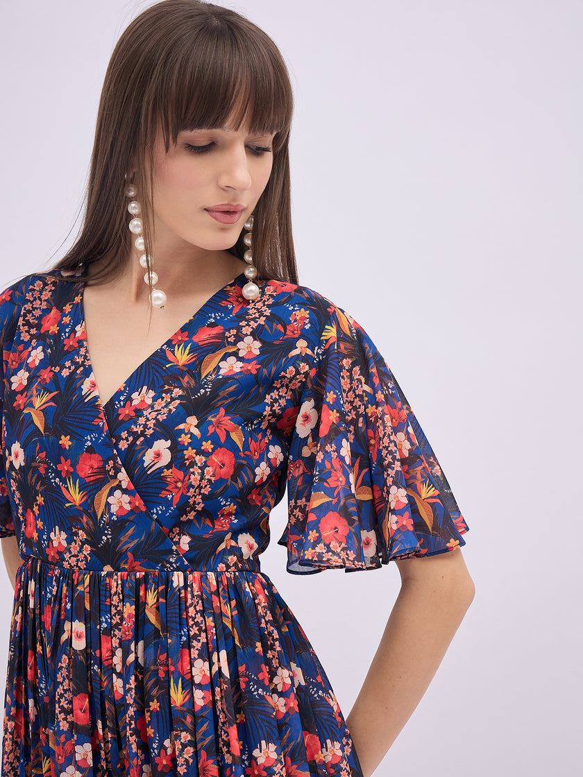 Blue Polyester Printed Flared Sleeves Floral Dress