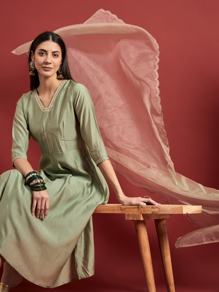 Green  Silk Blend Embroideried A-Line Kurta Trouser