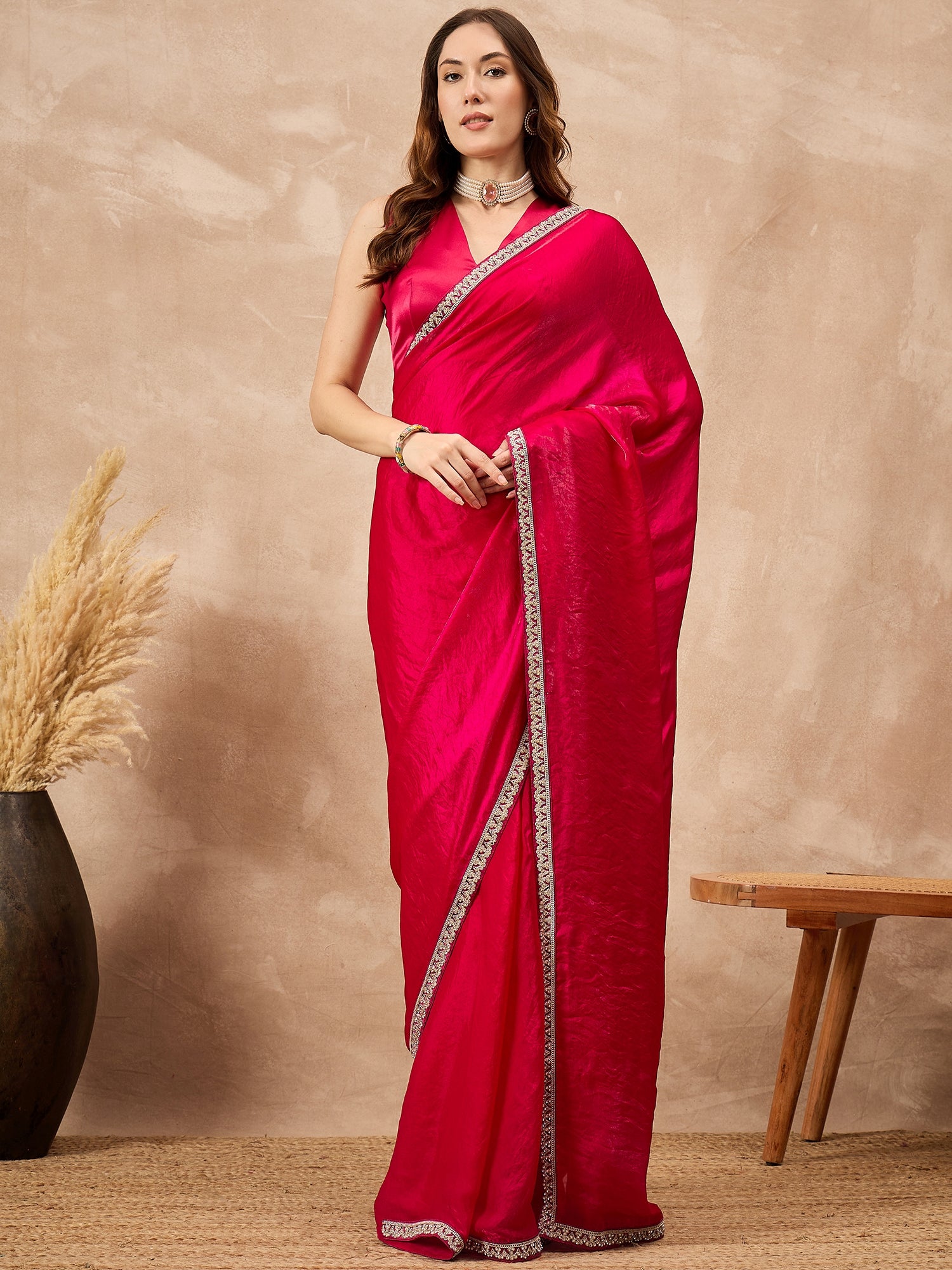 Rose Satin Solid with Embroidery Coding Border  Saree with Unstitched Blouse