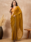Mustard Satin Solid With Stone Work Border Saree with Unstitched Blouse