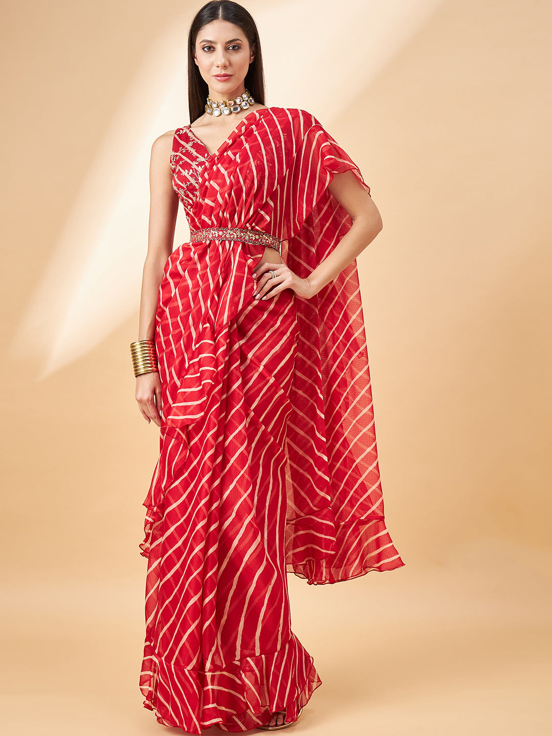 Red Pure Chiffon Lehariya Frill Printed saree with Unstitched Fancy Blouse with Belt