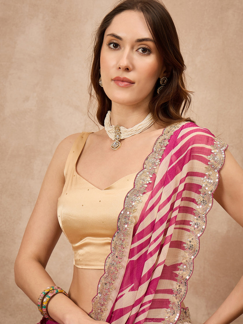 Multi Pure Chiffon Stripped with Gota Lace Saree with Unstitched Blouse