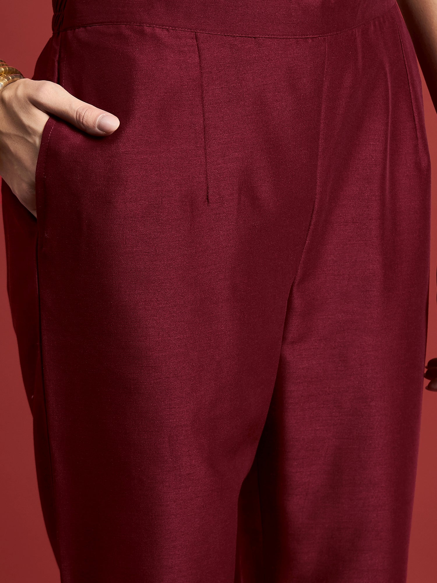 Maroon  Silk Blend Embroideried A-Line Kurta  Trouser