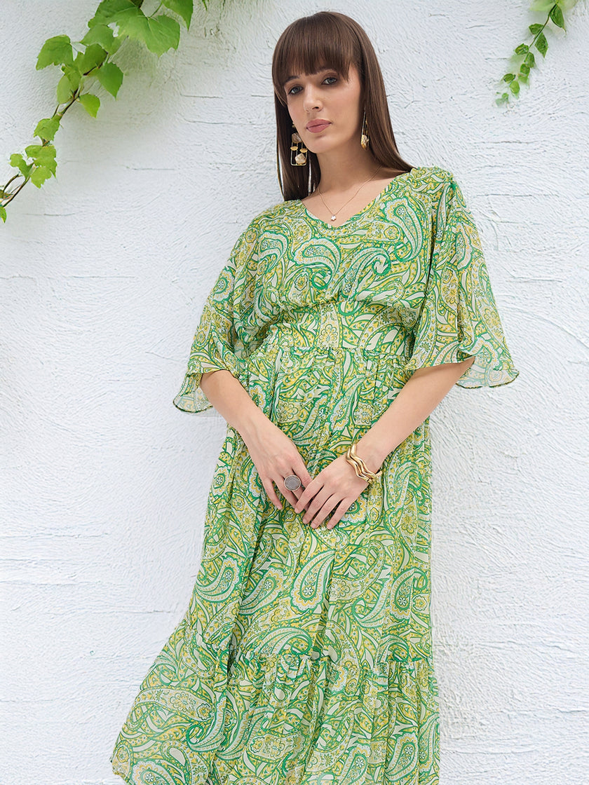 Multi Polyester Printed Butterfly Sleeves Paisley Dress