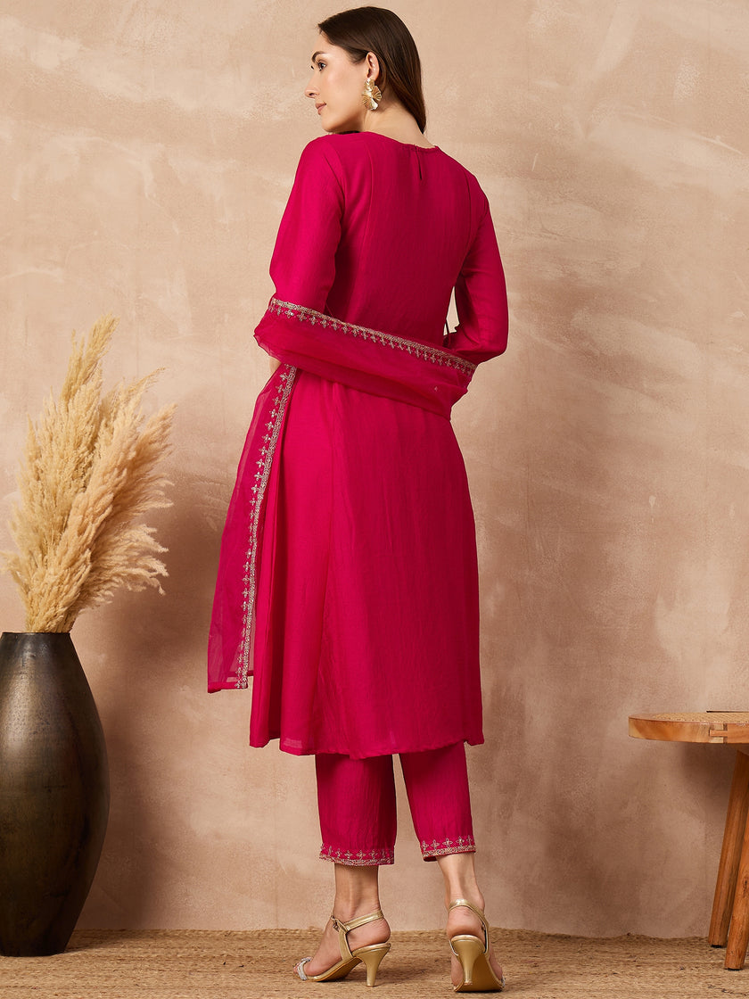 Pink  Silk Blend Embroideried A-Line Kurta Trouser