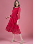 Magenta Georgette Embroidered Puff Sleeves Self Design Dress