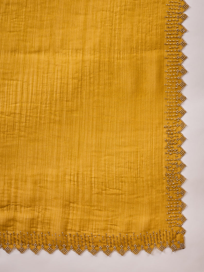 Mustard Satin Solid With Stone Work Border Saree with Unstitched Blouse