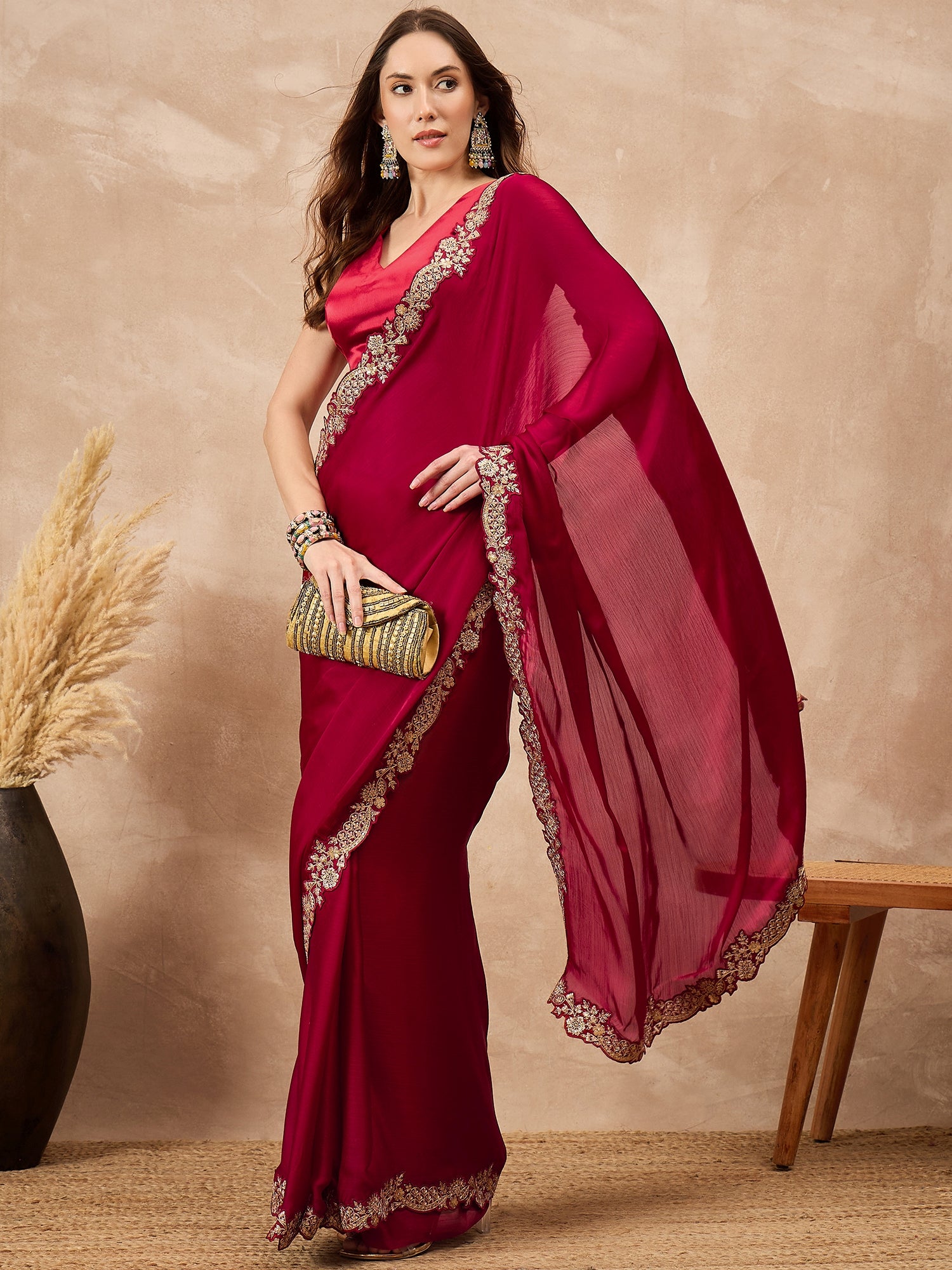 Red Satin Solid with Embroidered Cut Work Border Saree with Unstitched Blouse