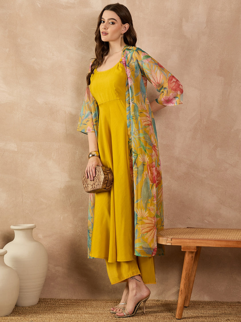 Yellow Silk Blend Solid A-Line Kurta Trouser With Floral Print Shrug
